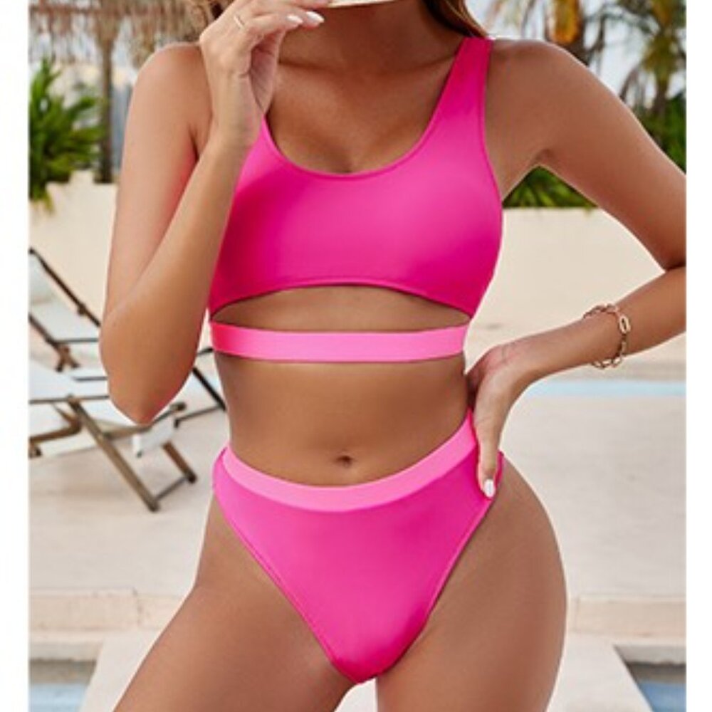 Blooming Jelly Color Block Cut-Out High-Cut High Waisted Bikini Hot Pink Medium